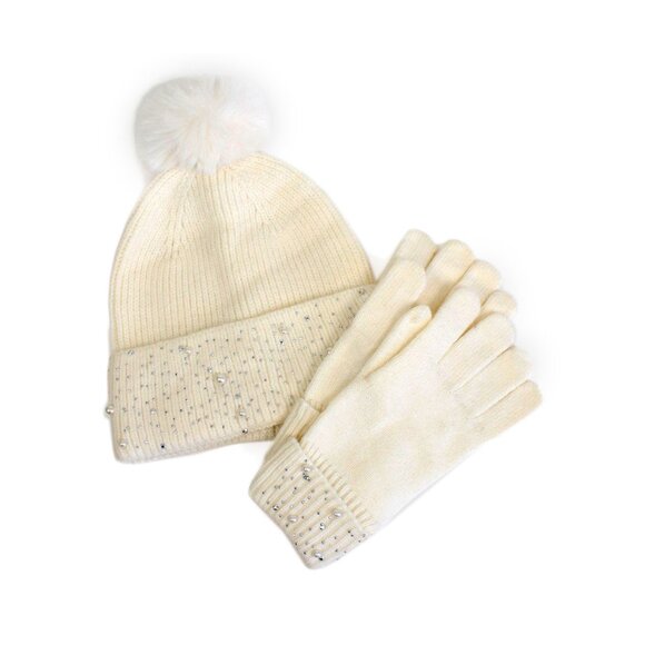 Tigerstars Ivory Pearly Pom Pom Beanie Hat Gloves Set - Picture 2 of 2
